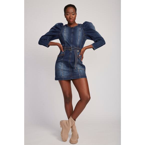 ULLA JOHNSON Cori Dress Dark Wash denim long puff sleeve romper size 4 - Picture 1 of 15